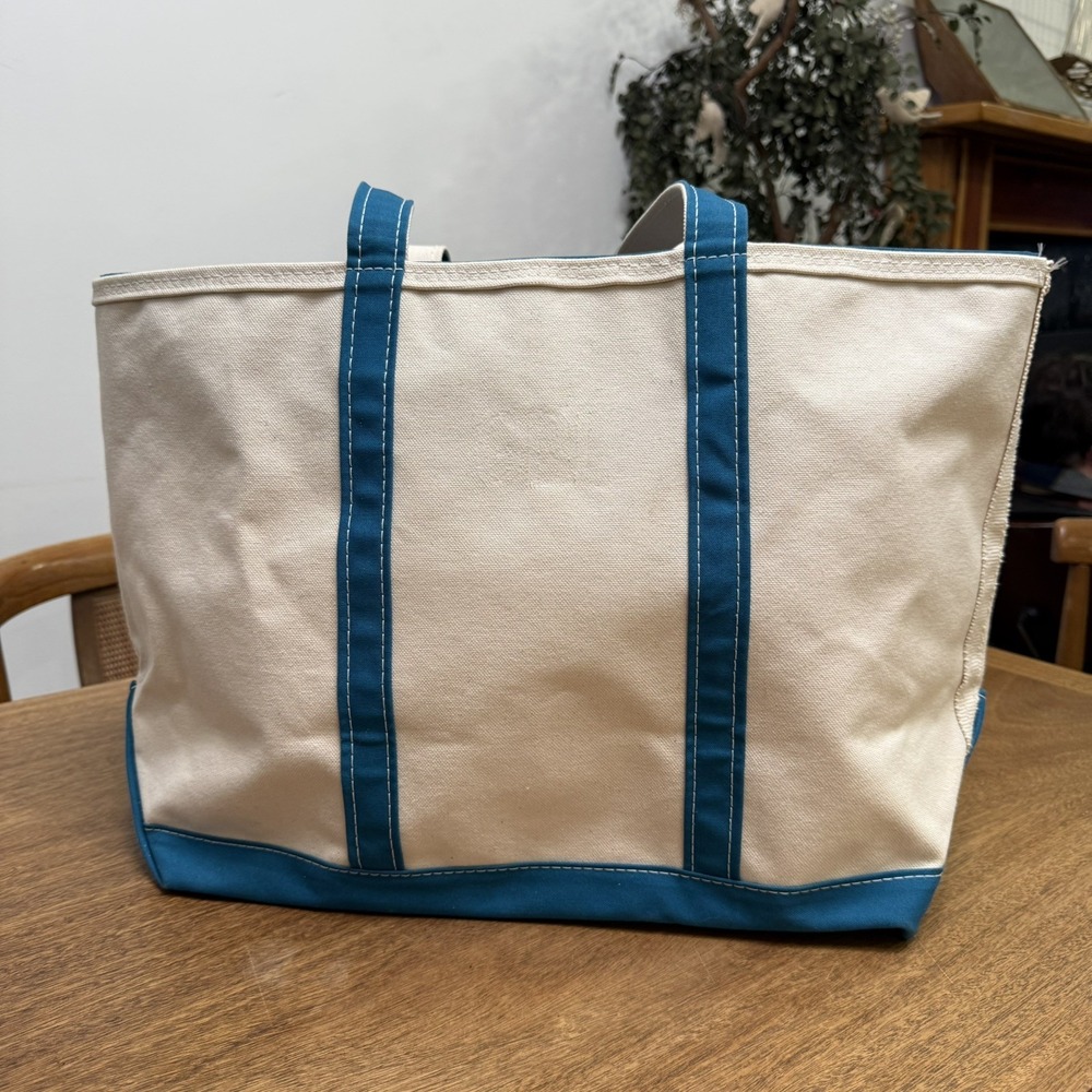 Vtg 90s LL Bean Boat and Tote Bag XLarge Canvas Zipper Top Teal/Natural